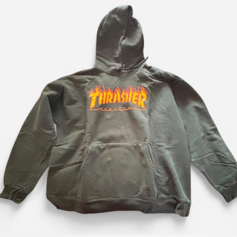 Thrasher Dark Green Hoodie with Fiery Logo
